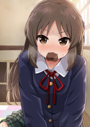  1girl blazer blue_jacket blush brown_eyes brown_hair candy chocolate collared_shirt comiching commentary_request day dress_shirt food food_in_mouth green_skirt heart heart-shaped_chocolate heart-shaped_food highres idolmaster idolmaster_cinderella_girls indoors jacket long_hair looking_at_viewer mouth_hold neck_ribbon nose_blush parted_bangs plaid_clothes plaid_skirt red_ribbon ribbon school_uniform shirt skirt solo sunlight sweat tachibana_arisu v-shaped_eyebrows white_shirt window 