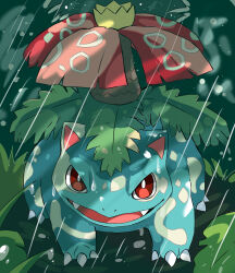  absurdres animal_focus bright_pupils claws fangs highres looking_at_viewer nagisalion no_humans nostrils open_mouth outdoors pokemon pokemon:_the_first_movie_-_mewtwo_strikes_back pokemon_(anime) pokemon_(classic_anime) pokemon_(creature) rain venusaur white_pupils 