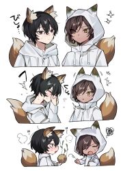  1boy 1girl :o animal_ears black_eyes black_hair brown_hair coat e.g.o_(project_moon) fox_boy fox_ears fox_girl fox_tail hair_between_eyes hair_over_one_eye highres hood hood_up limbus_company mu46016419 orange_eyes outis_(project_moon) project_moon scribble short_hair simple_background sneezing sunshower_(e.g.o) sweat tail triangle_mouth white_background white_coat yi_sang_(project_moon) 