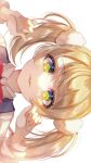  1girl blonde_hair bow bowtie close-up collared_shirt commentary gradient_eyes green_eyes hair_ornament hands_up highres indie_virtual_youtuber long_sleeves looking_at_viewer multicolored_eyes pinapo_25 pom_pom_(clothes) pom_pom_hair_ornament red_bow red_bowtie shigure_ui_(vtuber) shigure_ui_(young)_(vtuber) shirt shukusei!!_loli-gami_requiem sideways simple_background solo tongue tongue_out twintails upper_body virtual_youtuber white_background white_shirt 