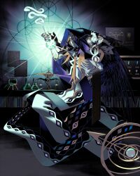  1boy animal balance_scale bird black_hair black_wings bookshelf colored_sclera colored_skin commentary_request eda emaciated erlenmeyer_flask feathered_wings flask full_body grey_skin head_wings holding holding_flask holding_scroll hood hood_up indoors lamia_boy long_hair male_focus monster_boy original ribs round-bottom_flask scroll snake snake_hair solo weighing_scale white_eyes wings yellow_sclera 