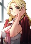 1girl aosora2823 black_eyes blonde_hair blush closed_mouth coat coat_on_shoulders english_commentary hand_in_own_hair happy highres kaya_(one_piece) long_hair one_piece red_coat smile solo 