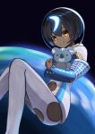  1girl absurdres animal_hug black_hair brown_eyes clothing_cutout dark-skinned_female dark_skin earth_(planet) fate/grand_order fate_(series) helmet highres koala mess_h_j navel navel_cutout planet short_hair smile space space_helmet wandjina_(fate) 