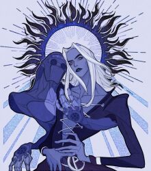  1boy blue_lips blue_theme commentary english_commentary ginsky2000 highres jojo_no_kimyou_na_bouken leone_abbacchio long_hair mixed-language_commentary moody_blues_(stand) no_mouth stand_(jojo) two-tone_eyes vento_aureo white_hair 