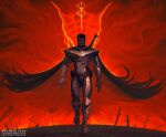  1boy amputee armor artist_name axe banner beast_of_darkness_(berserk) berserk berserker_armor black_armor breastplate cape cloak curse curse_seal deviantart_username dragonslayer_(sword) field_of_blades full_armor greaves guts_(berserk) highres one-eyed pauldrons red_background red_eyes shoulder_armor solo sword thefearmaster twitter_username vambraces weapon web_address 