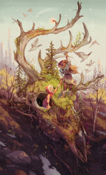  2girls animal_skull artist_name bird blonde_hair boots brown_boots brown_dress brown_hair brown_pants closed_mouth commentary deer_skull dress english_commentary flock flower flying fog forest fur-trimmed_boots fur_trim giant_skull goose grass highres holding_hands long_hair looking_at_another medium_hair moss multiple_girls mushroom nature original outdoors overgrown pants pink_flower red_dress red_flower red_sash red_shawl sapling sarah_webb sash scenery shawl shirt shooting_star sky standing star_(sky) starry_sky tree web_address white_flower white_shirt 