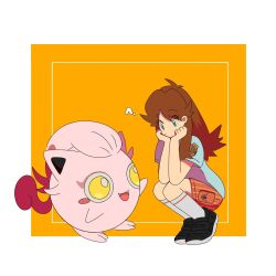  1girl :d ? black_shoes blue_eyes border brown_hair fangs full_body green_(pokemon) highres looking_at_another naranja_academy_(emblem) naranja_academy_school_uniform necktie nose_poke000 orange_necktie orange_shorts pokemon pokemon_(creature) pokemon_adventures pokemon_rgby pokemon_sv school_uniform scream_tail shirt shoes shorts simple_background smile socks squatting striped_clothes striped_shorts white_border white_shirt white_socks yellow_background 