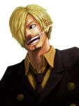  1boy black_eyes black_necktie blonde_hair cigarette curly_eyebrows facial_hair formal goatee hair_over_one_eye highres male_focus meta_gun necktie one_eye_covered one_piece open_mouth sanji_(one_piece) short_hair simple_background smile smoke smoking solo suit teeth white_background 