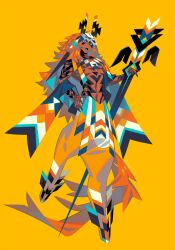  1boy baggy_pants blue_eyes bodypaint commentary_request dark-skinned_male dark_skin eda fingernails full_body holding holding_sword holding_weapon horns long_hair looking_at_viewer male_focus native_american orange_hair original pants sharp_fingernails shawl simple_background solo standing standing_on_one_leg sword very_long_hair weapon yellow_background 