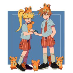  1boy 1girl black_shoes blonde_hair blue_background blue_oak border brown_eyes brown_hair collared_shirt full_body green_eyes highres looking_at_another naranja_academy_school_uniform necktie nose_poke000 orange_fur orange_necktie orange_shorts pawmi pokemon pokemon_(creature) pokemon_adventures pokemon_rgby pokemon_sv ponytail school_uniform shirt shoes shorts socks standing striped_clothes striped_shorts white_border white_shirt white_socks yellow_(pokemon) 