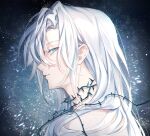  1boy bishounen blue_eyes i_became_a_god_in_a_horror_game long_hair looking_at_another male_focus profile shirt sidelocks tavel thorns upper_body very_long_hair white_hair white_shirt zaphylla 