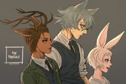  1girl 2boys animal_ears antlers beastars blazer brown_hair dark-skinned_male dark_skin deer_antlers deer_boy deer_ears from_side frown grey_hair haru_(beastars) highres horns humanization jacket jitome legoshi lips louis_(beastars) multiple_boys necktie pale_skin rabbit_ears rabbit_girl ren_valentine school_uniform short_hair smile vest white_hair wolf_boy wolf_ears 