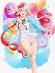  1girl balloon dcdc_28h dress hair_rings happy_birthday highres multicolored_hair one_piece ribbon single_sleeve smile solo standing standing_on_one_leg twintails two-tone_hair uta_(one_piece) violet_eyes white_dress 