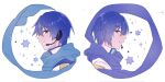  1boy blue_eyes blue_hair blue_scarf closed_mouth commentary from_behind headset highres kaito_(vocaloid) looking_at_viewer male_focus parang_99 profile scarf short_hair sideways_glance simple_background smile star_(symbol) symbol-only_commentary teeth vocaloid white_background 