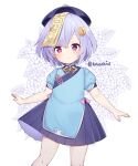  1girl alternate_costume blue_dress blush china_dress chinese_clothes coin_hair_ornament dress floral_background genshin_impact hair_between_eyes hair_ornament hat highres jiangshi kaxukin looking_at_viewer ofuda ofuda_on_head parted_lips pleated_skirt purple_hair purple_headwear purple_skirt qing_guanmao qiqi_(genshin_impact) short_hair short_sleeves skirt solo twitter_username violet_eyes white_background 