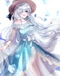  1girl absurdres anastasia_(fate) bare_shoulders blue_dress blue_eyes blush breasts collarbone dress fate/grand_order fate_(series) grey_hair hair_over_one_eye highres ice jewelry large_breasts long_hair looking_at_viewer open_mouth que_hua ribbon smile solo thigh-highs very_long_hair white_background white_hair 