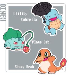  animal_focus black_umbrella border bright_pupils bulbasaur charmander claws closed_eyes fangs flame-tipped_tail flame_orb_(pokemon) full_body green_eyes grey_background highres lizard no_humans nose_poke000 open_mouth pokemon pokemon_(creature) red_eyes sharp_beak_(pokemon) shell simple_background squirtle standing starter_pokemon_trio turtle umbrella utility_umbrella_(pokemon) white_border white_pupils 