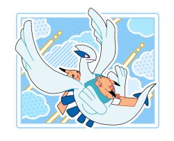  :o animal_focus animal_hands black_eyes blue_background border flying full_body highres looking_at_another lugia no_humans nose_poke000 pikachu pokemon pokemon_(creature) simple_background standing white_border yellow_fur 