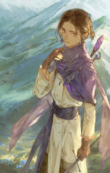  1boy androgynous belt bishounen blue_flower boots brown_boots brown_gloves brown_hair cape chain closed_mouth cowboy_shot earrings expressionless fantasy flower from_above gem gloves hand_up highres holding jewelry kkcoocool livery_collar long_sleeves looking_at_viewer mage_staff male_focus meadow mountain orange_trim original outdoors ponytail purple_belt purple_cape purple_gem robe short_hair short_ponytail sidelocks simple_bird solo staff sword violet_eyes weapon white_robe 