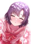  1girl black_hair blush closed_eyes collarbone facing_viewer from_above highres idolmaster idolmaster_cinderella_girls long_sleeves ribbon_trim shiragiku_hotaru solo thewatchertmk waiting_for_kiss 