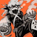  1boy bakugou_katsuki belt blurry boku_no_hero_academia breath buckle commentary depth_of_field explosive eye_mask foreshortening gloves grenade greyscale_with_colored_background hands_up high_collar knee_pads looking_at_viewer lowah male_focus open_mouth orange_background pants red_eyes sanpaku short_hair simple_background single_horizontal_stripe smoke snap-fit_buckle solo spiky_hair spot_color sweat toned toned_male twitter_username upper_body x 