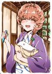  1girl bag blush braid brown_hair crown_braid fangs fate/grand_order fate_(series) hallway highres holding holding_bag holding_key japanese_clothes key kimono long_sleeves open_mouth shimogamo_(shimomo_12) side_braid smile solo teeth tongue upper_body van_gogh_(fate) window 