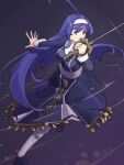  1girl ahoge blue_eyes blue_hair breasts dress hairband highres holding huge_ahoge irc14786149 left-handed long_hair medium_breasts orie_(under_night_in-birth) rapier solo sword under_night_in-birth very_long_hair weapon white_hairband 