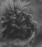  abstract_background absurdres armor chaos_(warhammer) cloak clouds death_guard demon_primarch feathers gauntlets greyscale highres holding holding_weapon hood jinwoopark layered_armor mask monochrome mortarion power_armor primarch respirator scythe shoulder_armor signature silence_(weapon) skull torn_cloak torn_clothes warhammer_40k weapon 