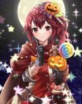  1girl anna_(fire_emblem) anna_(fire_emblem)_(cosplay) black_gloves cape cosplay finger_to_cheek fire_emblem fire_emblem_awakening fire_emblem_engage fire_emblem_heroes food-themed_hair_ornament full_moon gloves hair_ornament highres jack-o&#039;-lantern jack-o&#039;-lantern_ornament kakiko210 looking_at_viewer moon night official_alternate_costume official_art ponytail pump pumpkin_hair_ornament red_cape red_eyes redhead smile star_(sky) star_sticker sticker_on_face 