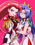  1boy 1girl blue_eyes blue_hair crossdressing crown green_eyes highres holding holding_sword holding_weapon james_(pokemon) jessie_(pokemon) jewelry macchiromomomo pink_background pokemon pokemon_(anime) redhead ring shoujo_kakumei_utena smile sword weapon 