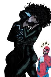  1girl 2boys absurdres alezarick black_cat_(marvel) black_suit bodysuit dark-skinned_female dark_skin father_and_son felicia_hardy highres kiss marvel mask mask_on_head multiple_boys peter_parker simple_background spider-man spider-man_(series) suit two-tone_bodysuit ultimate_spider-man 
