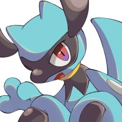  :d black_fur blue_fur fang furry highres looking_at_viewer nose_poke000 open_mouth pokemon pokemon_(creature) red_eyes riolu simple_background sitting skin_fang smile snout solo two-tone_fur upper_body white_background 