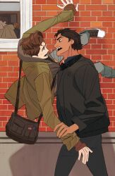  2boys bag black_bag black_hair black_jacket blue_pants blush brick_wall brown_eyes brown_hair chinese_commentary clothes_grab commentary_request converse dark-skinned_male dark_skin denim dingnin98201637 eye_contact fang feet_out_of_frame green_jacket highres jacket jeans layered_sleeves long_sleeves looking_at_another male_focus marvel marvel_cinematic_universe miguel_o&#039;hara multiple_boys pants peter_b_parker red_eyes shoelaces shoulder_bag sideburns sleeves_past_wrists spider-man:_across_the_spider-verse spider-man_(series) spider-verse teeth upper_teeth_only window 