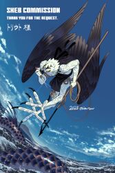  1boy animal_feet bird_boy bird_wings black_skirt black_wings blue_sky commission dagger day eda feathered_wings flying full_body furry furry_male holding holding_dagger holding_knife holding_polearm holding_weapon hunting knife male_focus mouth_hold ocean original outdoors polearm sea_serpent skirt sky solo talons topless_male unsheathed weapon wings yellow_eyes 