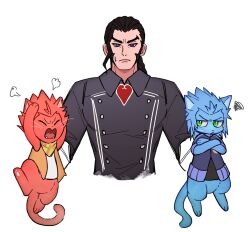  1boy absurdres angry animal animalization arms_up bandana bandana_around_neck black_hair black_jacket black_shirt blue_eyes blue_jacket cat closed_eyes clothed_animal commentary_request cropped_torso crossed_arms dilan fangs frown gloves green_eyes highres holding holding_animal holding_cat isa_(kingdom_hearts) jacket kingdom_hearts kingdom_hearts_birth_by_sleep lea_(kingdom_hearts) light_frown long_hair male_focus open_mouth orange_vest red_fur scribble shirt sideburns simple_background spiky_hair squidkid528 sweatdrop upper_body vest white_background white_gloves white_shirt wing_collar yellow_bandana 