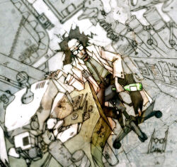  1boy black-framed_eyewear black_hair black_necktie black_pants black_shoes bottle chair coat commentary_request cyanporoco dutch_angle full_body glasses grey_background grey_shirt holding holding_bottle korean_commentary lab_coat looking_at_viewer male_focus necktie opaque_glasses open_clothes open_coat original pants scientist screen shirt shoes short_hair smoke solo table vial white_coat 