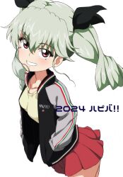  1girl anchovy_(girls_und_panzer) black_jacket black_ribbon blush breasts collarbone commentary cowboy_shot drill_hair girls_und_panzer green_hair grin hair_ribbon hands_in_pockets happy_birthday highres jacket kayabakoro leaning_forward letterman_jacket long_hair long_sleeves looking_at_viewer miniskirt open_clothes open_jacket pleated_skirt red_eyes red_skirt ribbon shirt simple_background skirt small_breasts smile solo standing twin_drills twintails white_background yellow_shirt 
