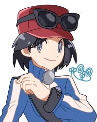  1boy black_hair blue_eyes blue_jacket calem_(pokemon) eyewear_on_headwear froakie hat jacket long_sleeves looking_at_viewer male_focus mega_ring nose_poke000 pokemon pokemon_xy red_hat short_hair simple_background smile solo sunglasses turtleneck turtleneck_jacket upper_body white_background 