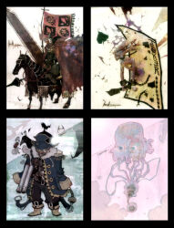  1girl 2boys abysmal_knight armor bicorne bird black_armor black_pants blue_coat blue_hat breastplate brown_cape cape card chain coat commentary crow cyanporoco double-barreled_shotgun drake_(ragnarok_online) epaulettes full_body gun hat holding holding_gun holding_polearm holding_sword holding_weapon horseback_riding jellyfish joker_(playing_card) joker_(ragnarok_online) korean_commentary lance marina_(ragnarok_online) multiple_boys official_art open_mouth pants pirate playing_card polearm ragnarok_online riding shotgun skeleton smile standing sword teeth undead weapon 