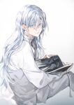  1boy bandaged_arm bandaged_neck bandages bishounen blue_eyes book floating hair_between_eyes holding holding_book i_became_a_god_in_a_horror_game long_hair long_sleeves looking_at_another male_focus shirt sitting solo tavel very_long_hair white_background white_hair white_shirt zaphylla 