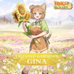  1girl alternate_costume animal_ears apron artist_request blue_eyes blue_sky blush bow brown_apron brown_hair brown_shorts brown_socks character_name clouds cloudy_sky coin colored_text dog_ears dog_girl dog_tail field flower flower_field fog gina_(isekai:_slow_life) green_shirt hair_flower hair_ornament holding holding_flower isekai:_slow_life leaf logo mountain mushroom nose_blush official_alternate_costume one_eye_closed open_mouth outdoors pocket ribbed_socks ribbon shirt short_hair shorts sky smile socks sparkle sunflower tail teeth tree upper_teeth_only white_bow white_flower white_ribbon yellow_flower 