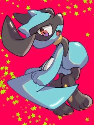  1other animal_hands black_fur blue_fur fang full_body furry highres looking_at_viewer nose_poke000 open_mouth pawpads pokemon pokemon_(creature) red_background red_eyes riolu simple_background skin_fang snout solo star_(symbol) two-tone_fur 