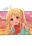  1girl ahoge blonde_hair blue_jacket blush bocchi_the_rock! bow bowtie choppy_bangs clouds cloudy_sky commentary head_out_of_frame highres ijichi_nijika jacket long_hair long_sleeves looking_at_viewer nanami_ayane_(kusunoki5050) open_mouth orange_sky out_of_frame polka_dot polka_dot_bow polka_dot_bowtie red_bow red_bowtie red_eyes sailor_collar side_ponytail sidelocks simple_background sky smile solo sunset upper_body waving white_background white_sailor_collar 