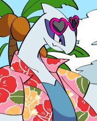  animal_focus black_eyes closed_mouth clothed_pokemon clouds cloudy_sky eyewear_on_head fang floral_print heart heart-shaped_eyewear highres jacket looking_to_the_side lugia no_humans nose_poke000 outdoors pink-framed_eyewear pink_jacket pokemon pokemon_(creature) skin_fang sky solo sunglasses upper_body 