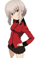  1girl alternate_costume alternate_hairstyle black_skirt blue_eyes braid closed_mouth commentary girls_und_panzer grey_hair hand_on_own_hip head_tilt itsumi_erika jacket kayabakoro long_sleeves looking_at_viewer military_uniform miniskirt official_alternate_costume official_alternate_hairstyle pleated_skirt red_jacket simple_background single_braid skirt smile smug solo st._gloriana&#039;s_military_uniform standing white_background 