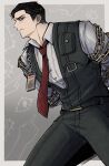  1boy 4indroid arms_behind_back black_hair black_vest blush chain chained collared_shirt from_side green_eyes highres id_card limbus_company meursault_(limbus_company) necktie pants pocket pointing project_moon red_necktie shirt short_hair solo vest white_shirt 