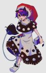  1girl animal_ears black_dress book doremy_sweet dress full_body grey_background hair_between_eyes hat highres holding holding_book large_hat leaning_forward looking_at_viewer minamia23 multicolored_clothes multicolored_dress nightcap open_mouth pom_pom_(clothes) purple_hair red_headwear short_hair simple_background smile solo standing tail tapir_ears tapir_girl tapir_tail touhou violet_eyes white_dress 