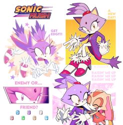  2girls animal_ears blaze_the_cat cat_ears cat_girl cat_tail coat cream_the_rabbit english_commentary english_text furry furry_female high_heels highres hug janire_pat01 logo multiple_girls purple_coat sol_emerald sonic_(series) sonic_rush tagme tail white_background yellow_eyes 