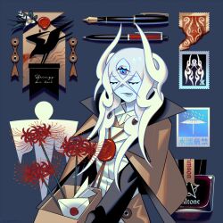  1girl black_coat blue_background blue_eyes blue_skin box coat colored_skin eda envelope extra_eyes holding holding_box inkwell long_hair mailman original pen postage_stamp red_spider_lily solo third_eye upper_body white_hair 