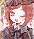  1girl ;d black_ribbon brown_eyes brown_headwear collared_shirt danganronpa_(series) danganronpa_v3:_killing_harmony gem_hair_ornament hand_on_own_cheek hand_on_own_face heart highres holding holding_staff naruse_(nal1525) neck_ribbon one_eye_closed portrait pumpkin redhead ribbon shirt short_hair smile solo staff teeth upper_teeth_only vest white_shirt yumeno_himiko 